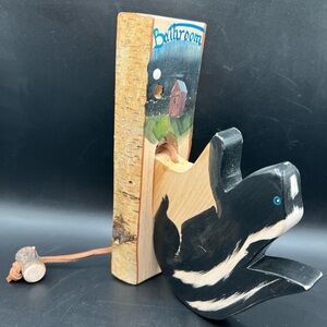 Handmade Rustic Wood Bark Sign Bathroom Skunk Knocker Vermont Made